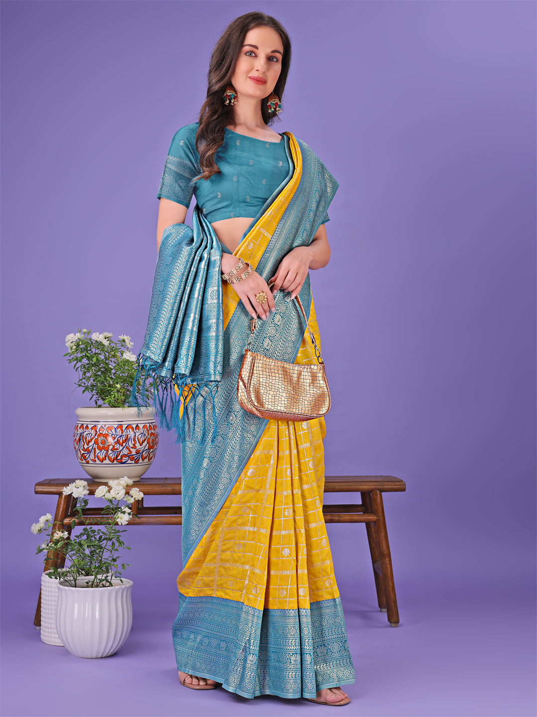 Yellow & Blue Litchi Silk Saree