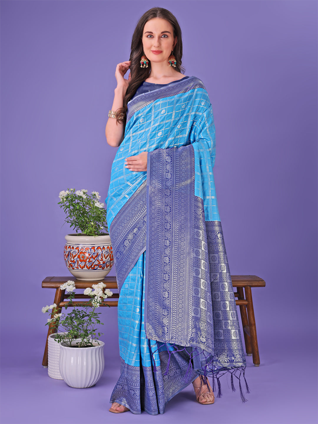 Aqua Sky Blue Litchi Silk Saree