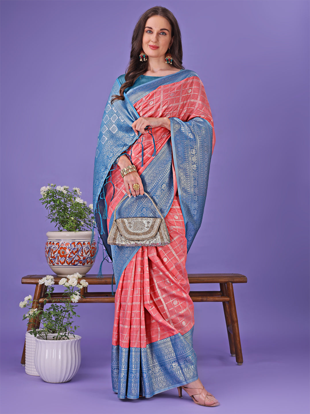Peach & Blue Printed Litchi Silk Saree