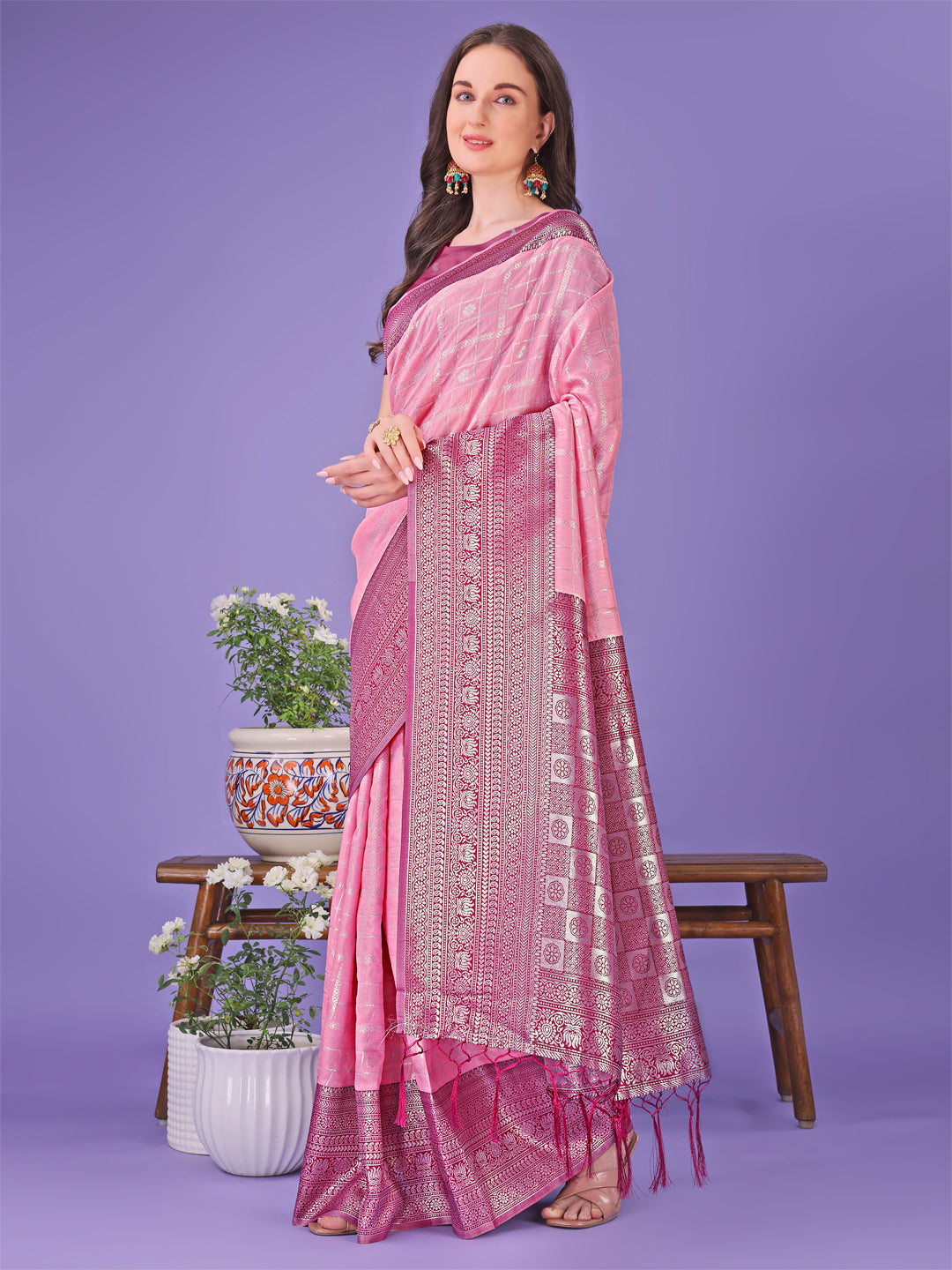 Peach Pink Litchi Silk Saree