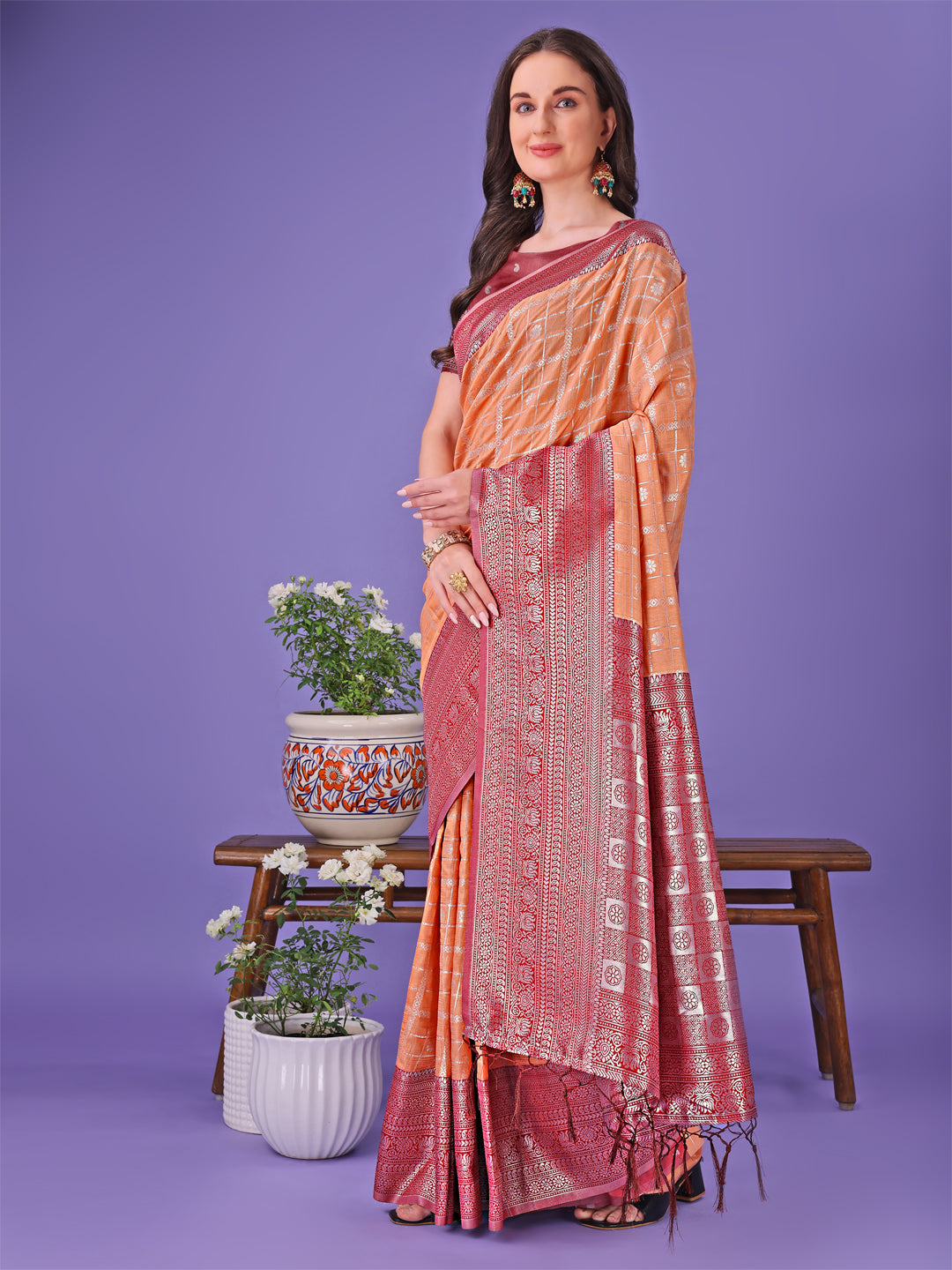 Rust Orange Litchi Silk Saree