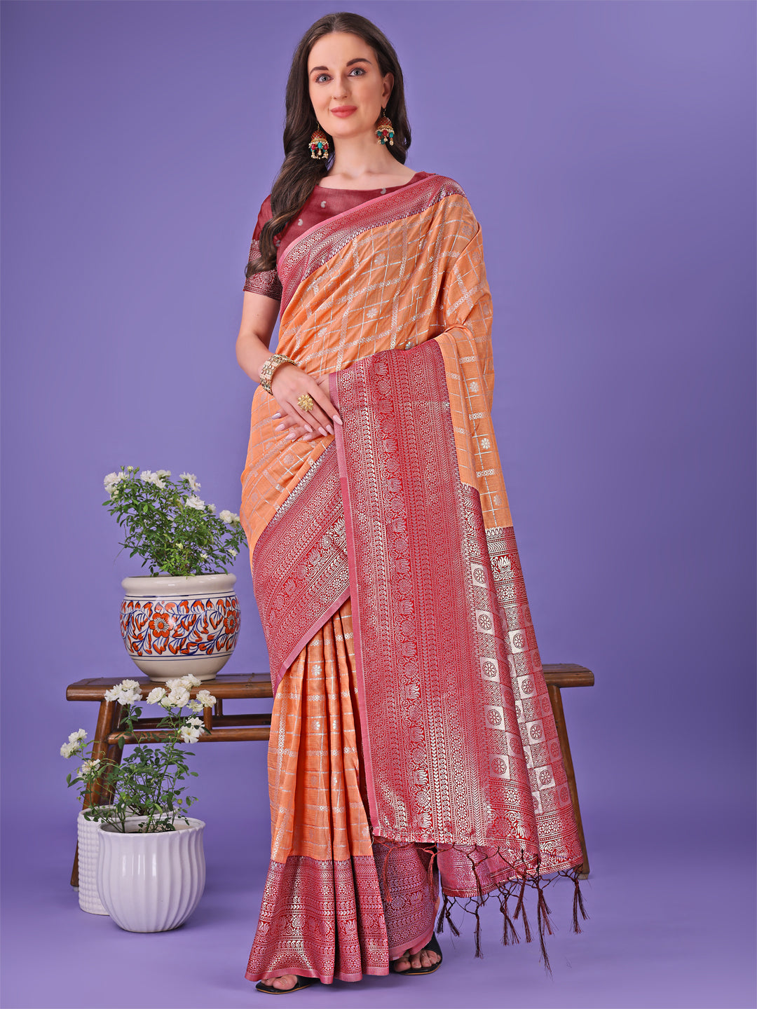 Rust Orange Litchi Silk Saree