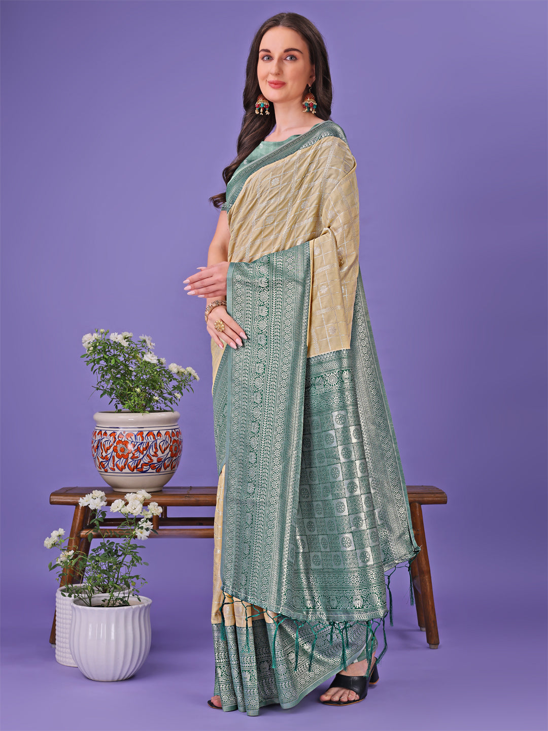 Cream & Green Printed Litchi Silk Saree