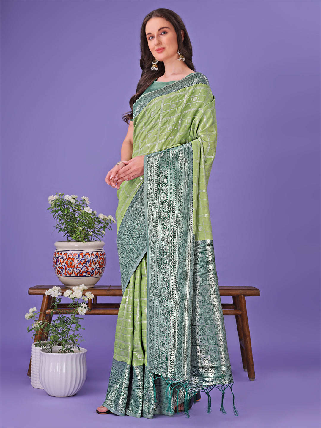 Light Laurel Green litchi Silk Saree