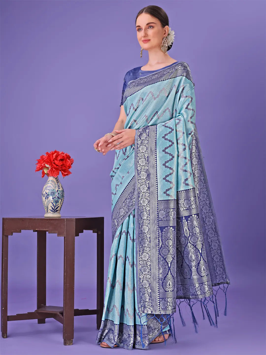 Light Sky Blue Litchi Silk Saree