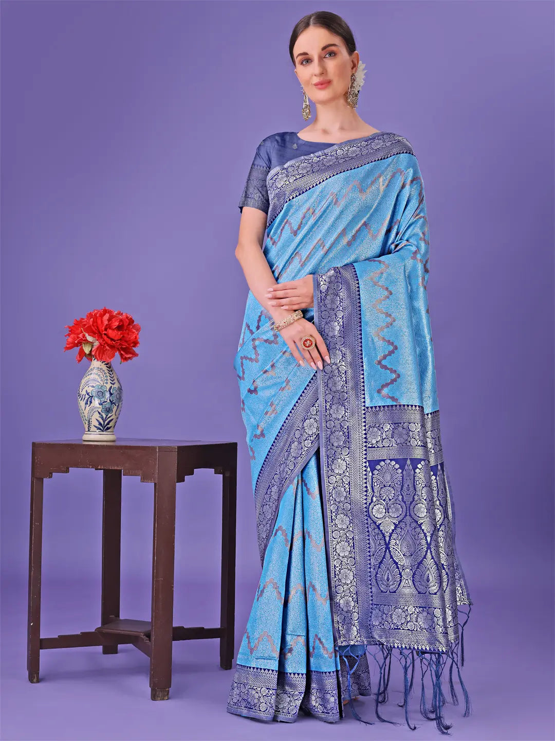 Classic Blue Litchi Silk Saree