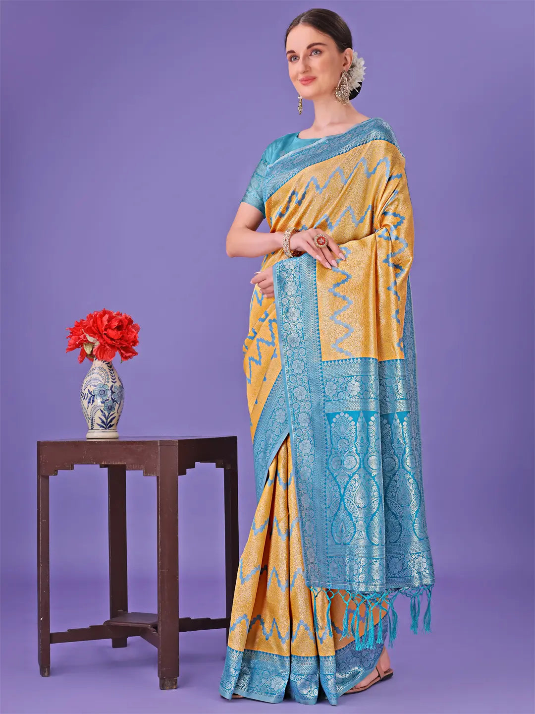 Light Yellow Litchi Silk Saree