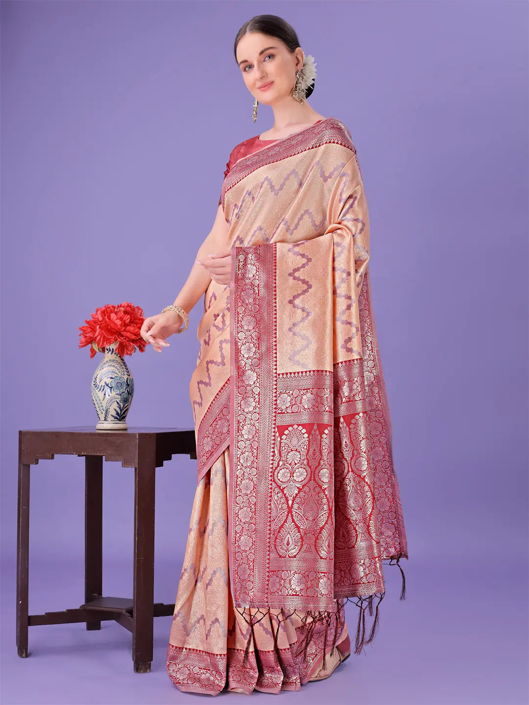 Soft Peach Litchi Silk Saree