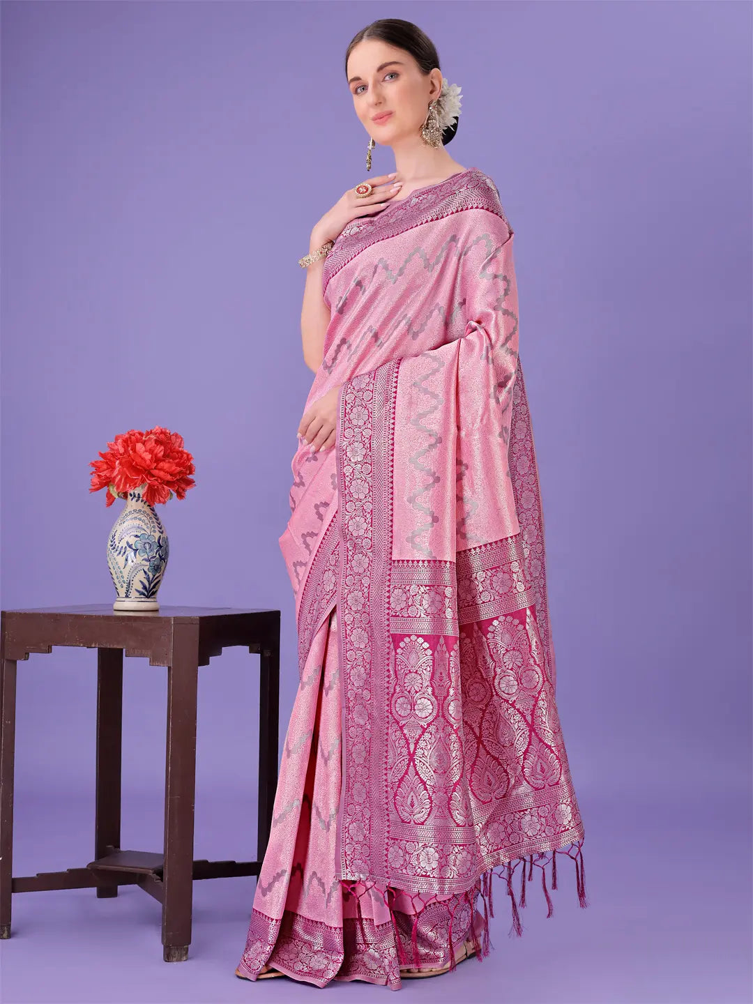 Blush Pink Litchi Silk Saree
