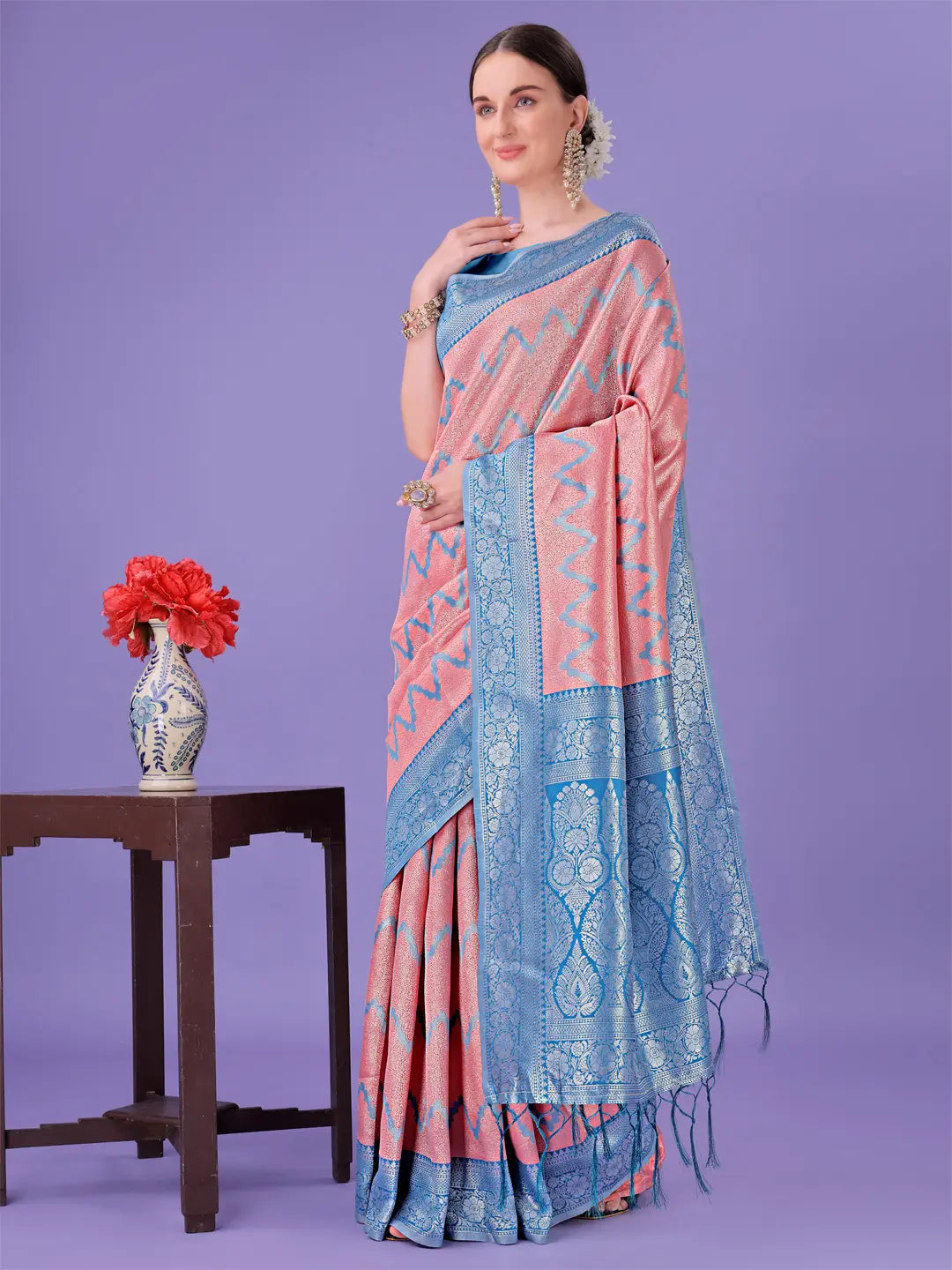 Light Peach Litchi Silk Saree