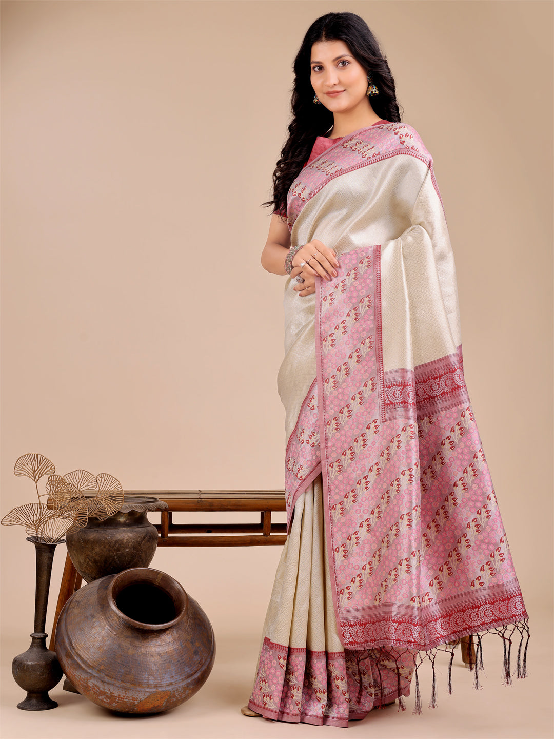 Cream Silk Saree