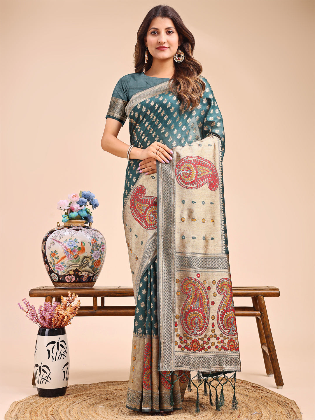 Sea Green Linen Cotton Saree