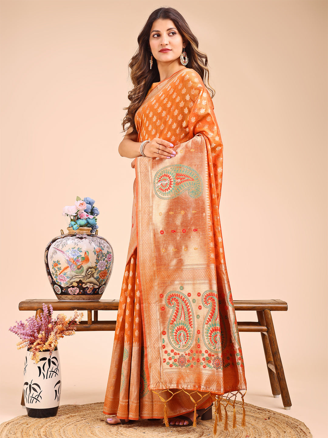 Orange Linen Cotton Saree