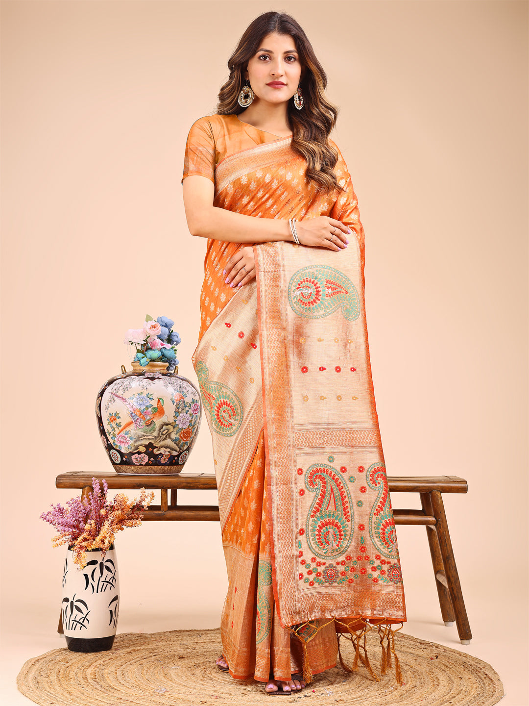 Orange Linen Cotton Saree