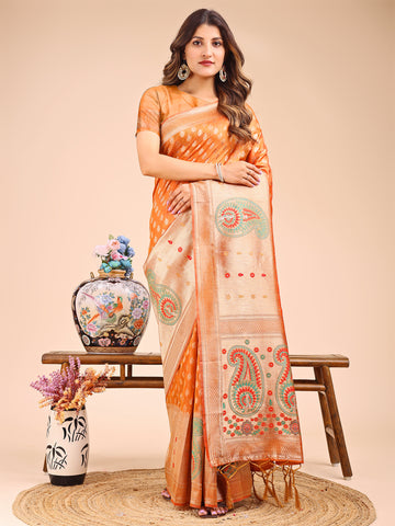 Orange Linen Cotton Saree