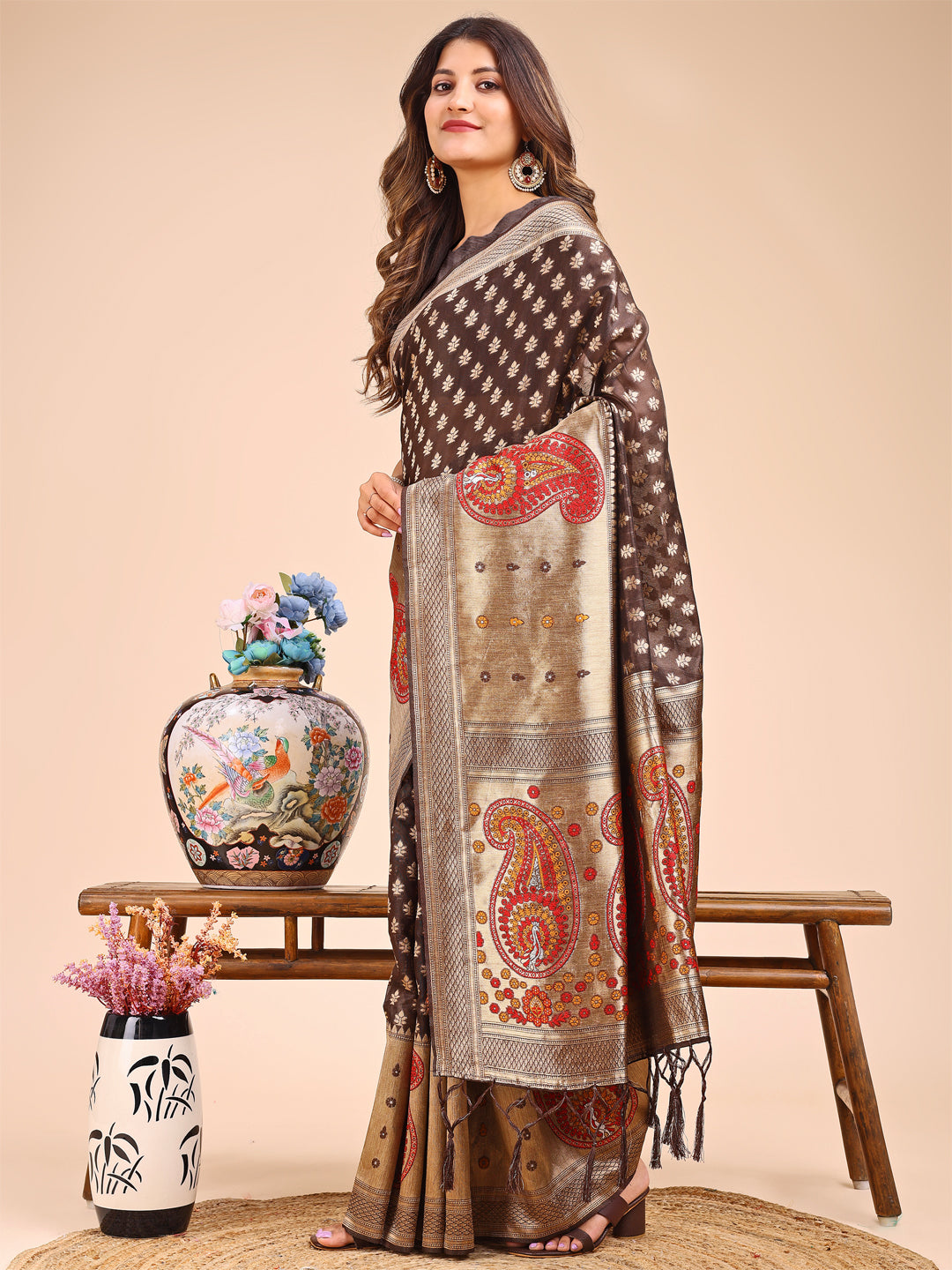 Brown Linen Cotton Saree