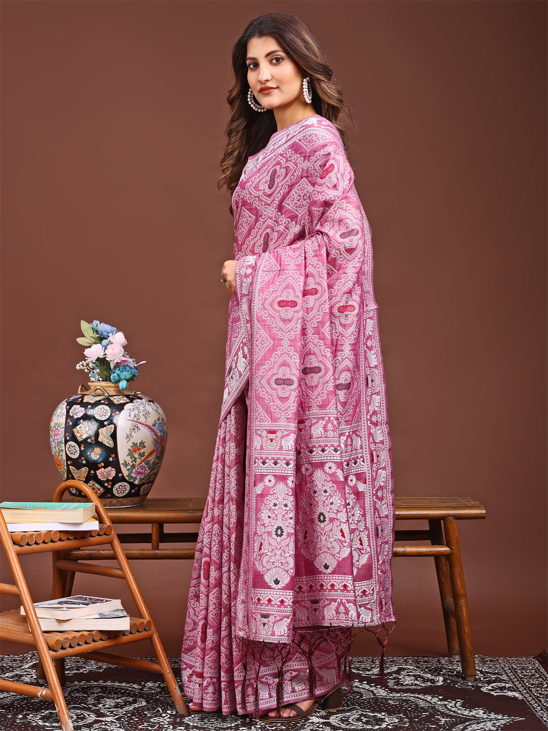 Pink Linen Cotton Saree