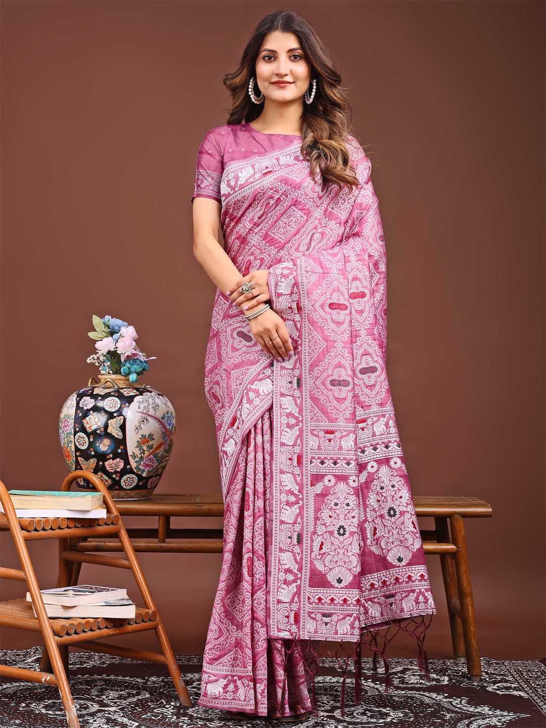 Pink Linen Cotton Saree