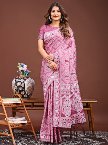 Pink Linen Cotton Saree