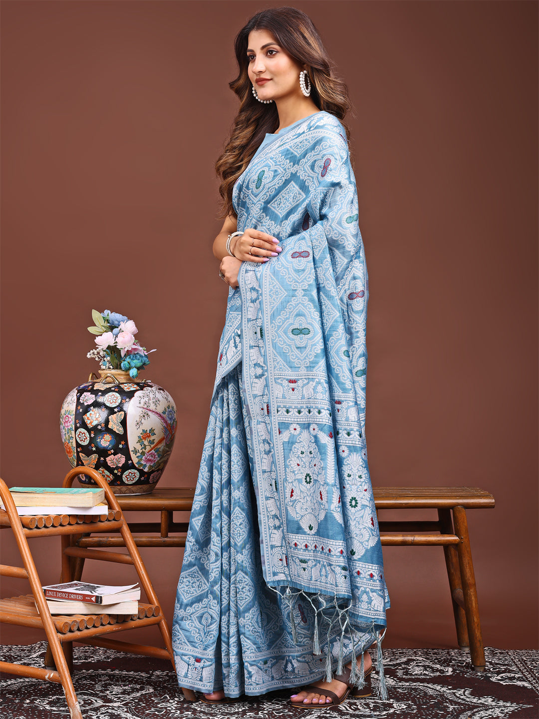 Sky Blue Linen Cotton Saree