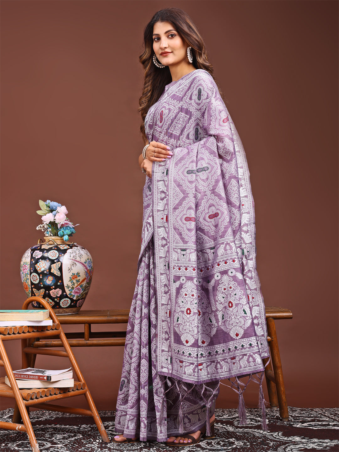 Purple Linen Cotton Saree