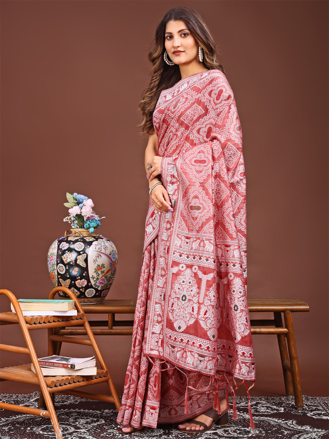 Peach Linen Cotton Saree