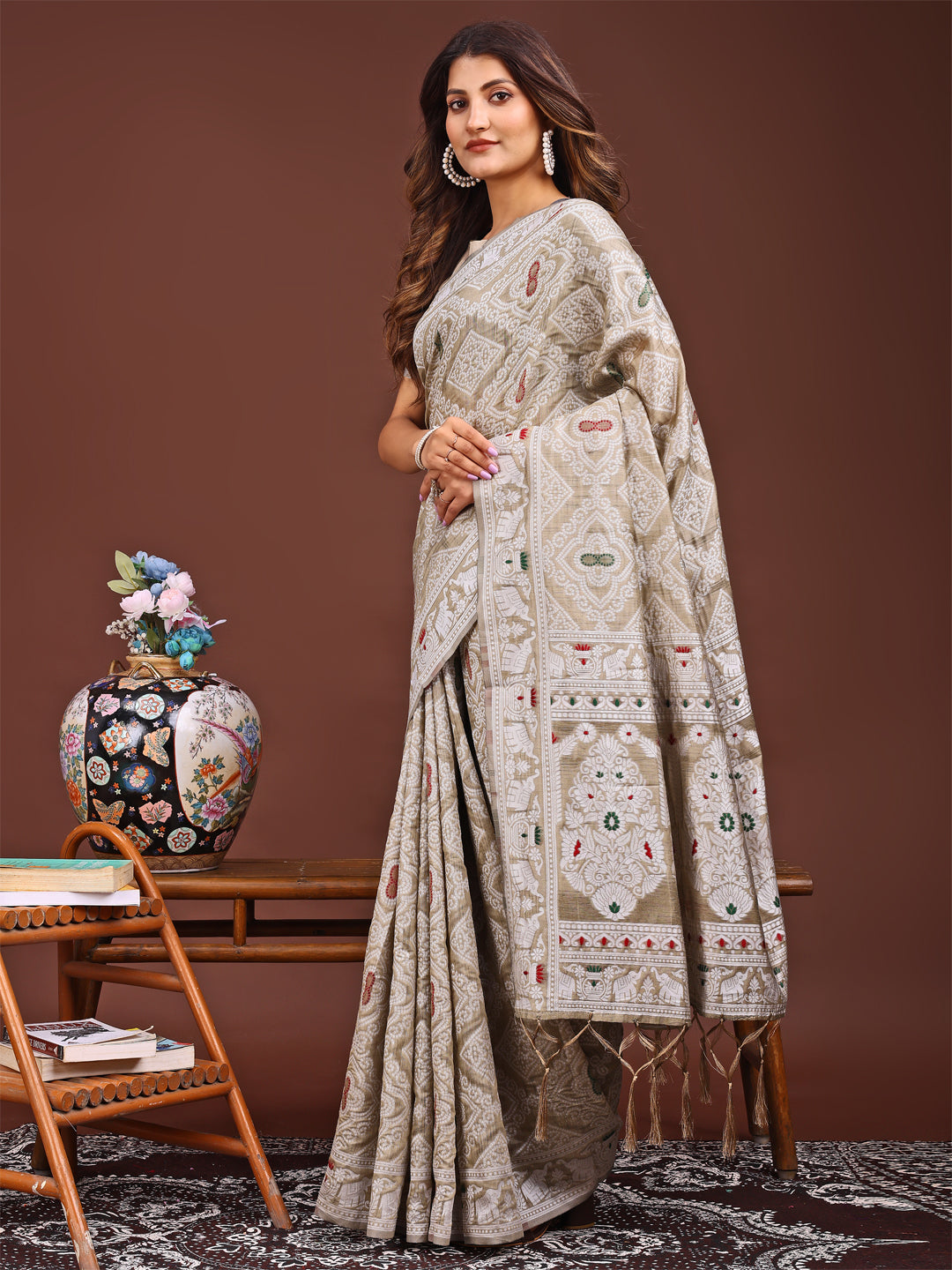 Brown Linen Cotton Saree