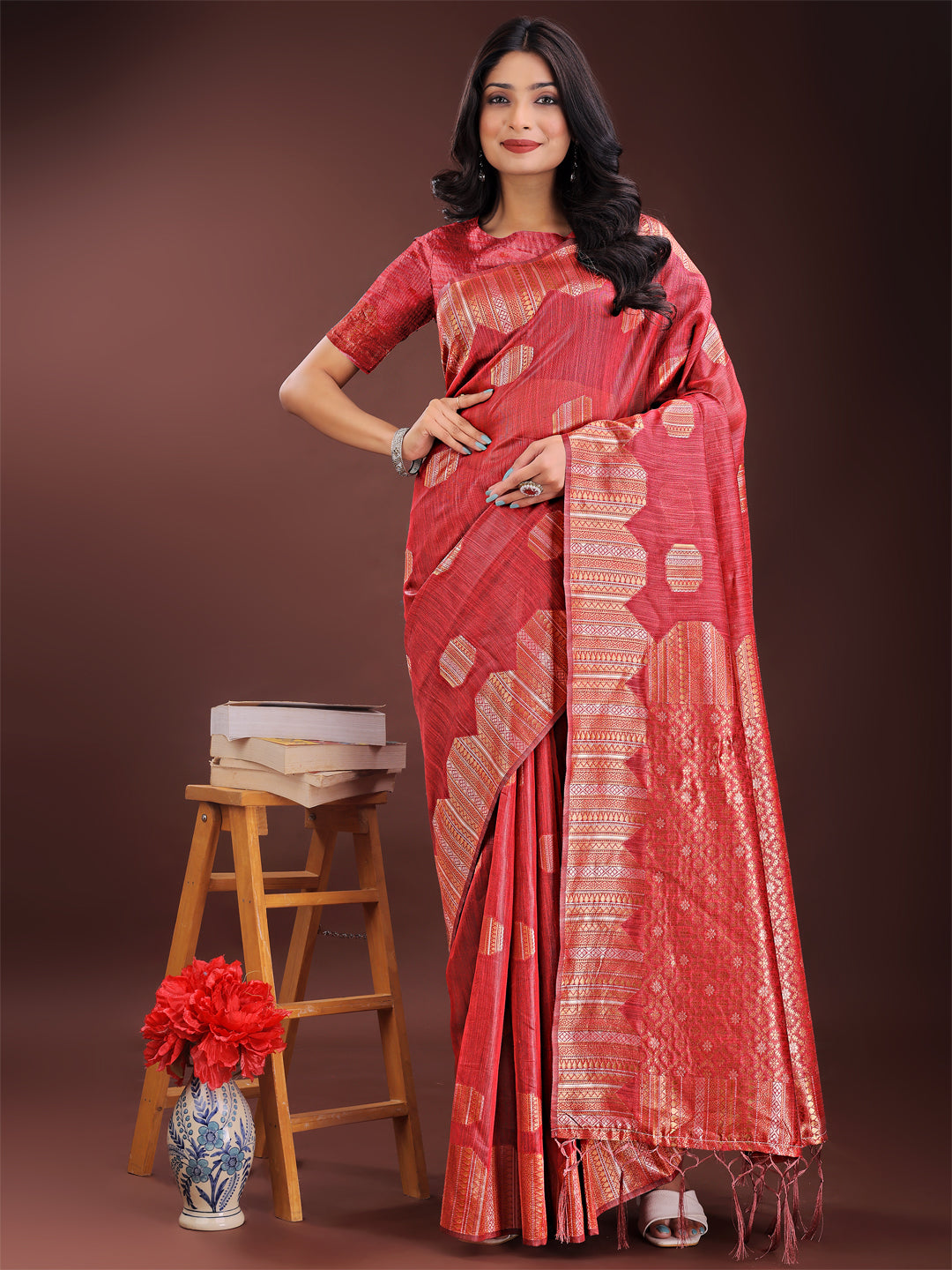 Red Linen Cotton Saree