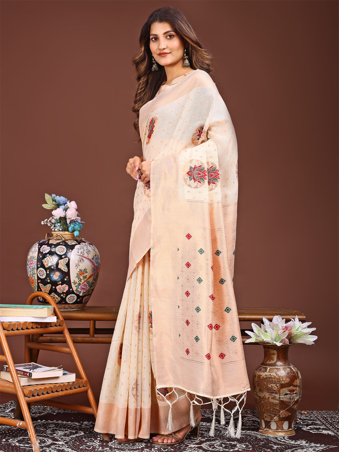 Cream Linen Cotton Saree