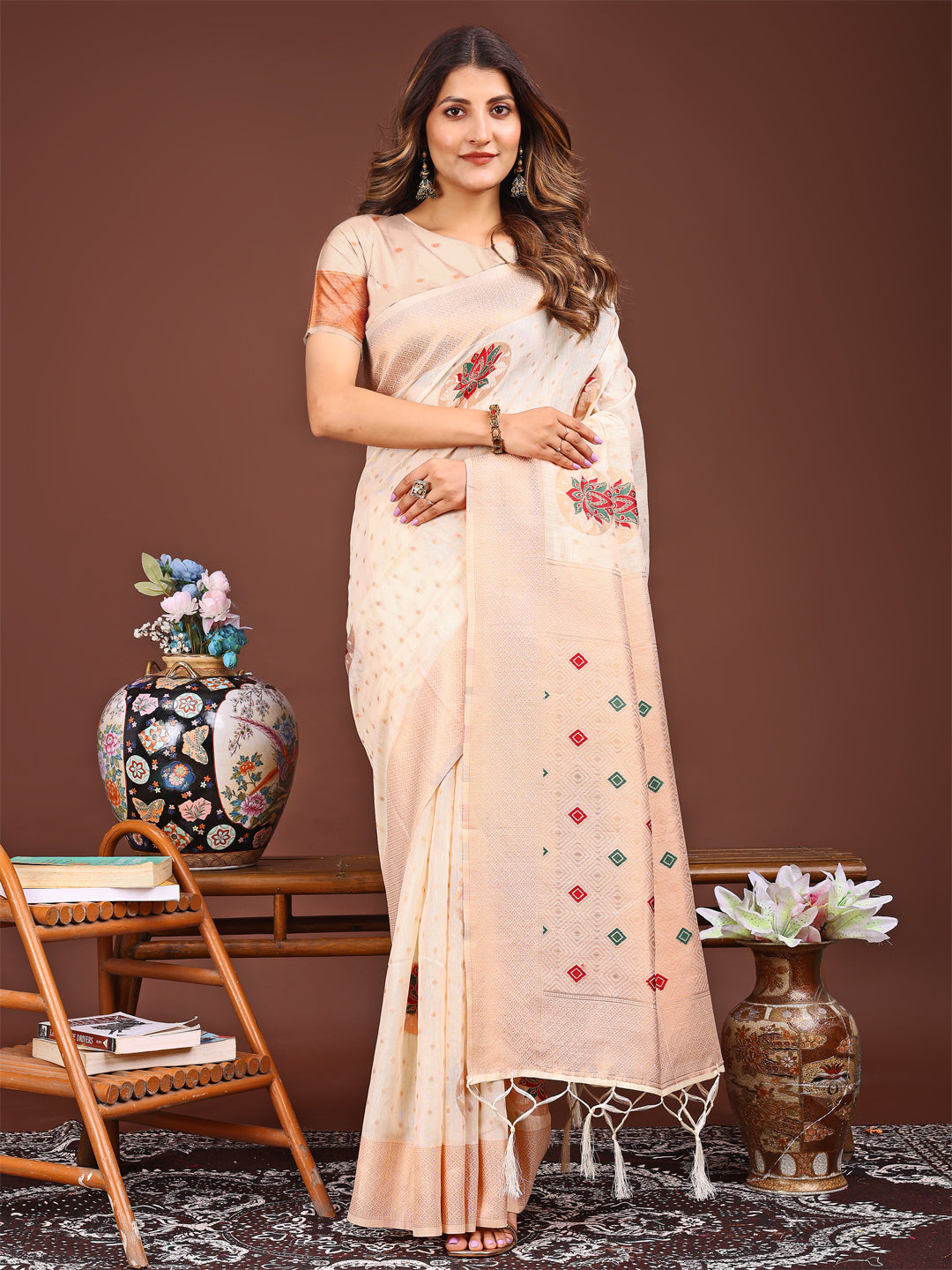 Cream Linen Cotton Saree