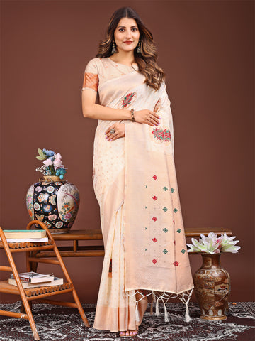 Cream Linen Cotton Saree