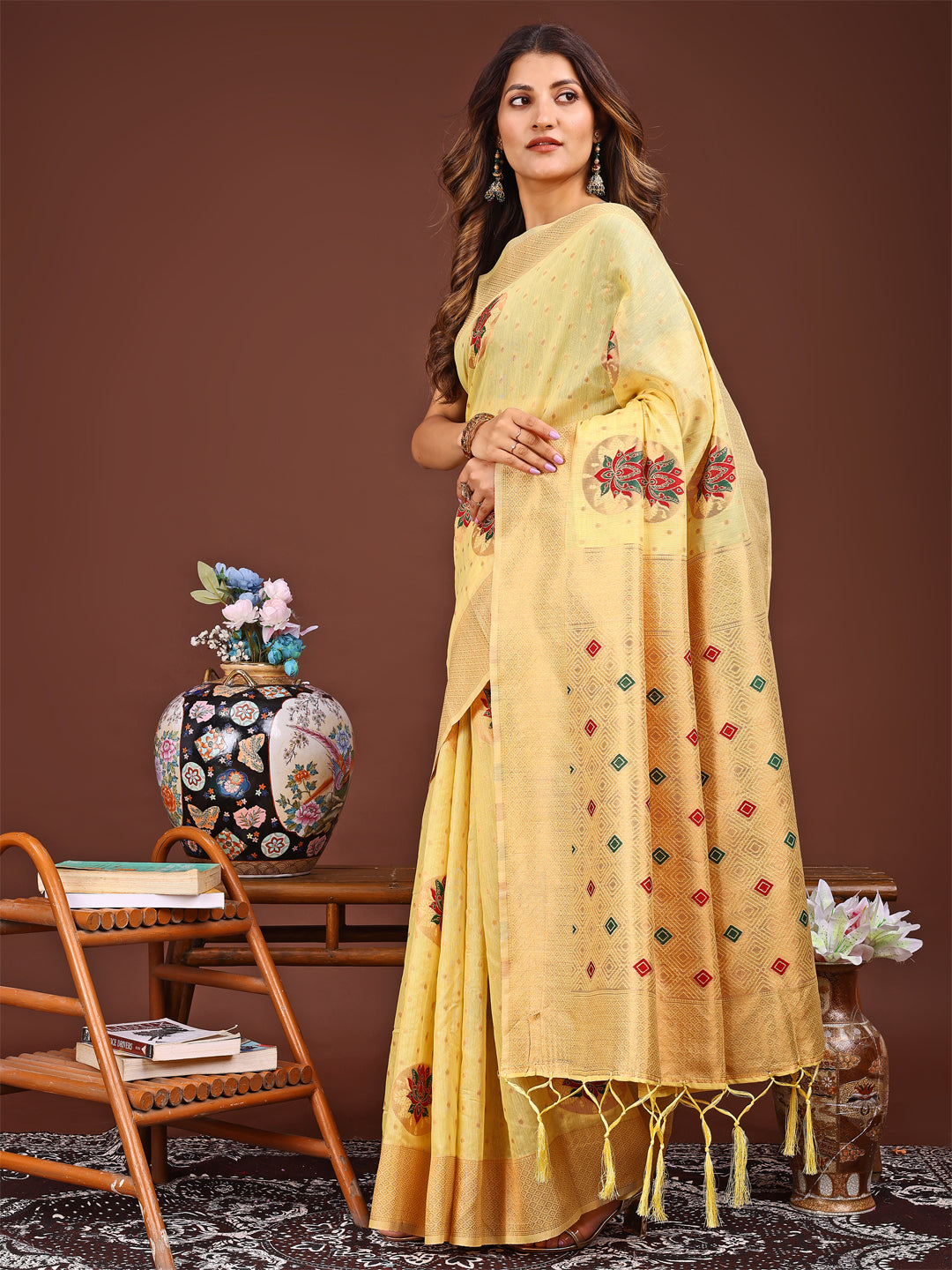 Yellow Linen Cotton Saree