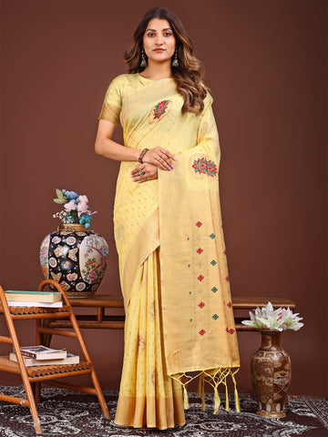 Yellow Linen Cotton Saree