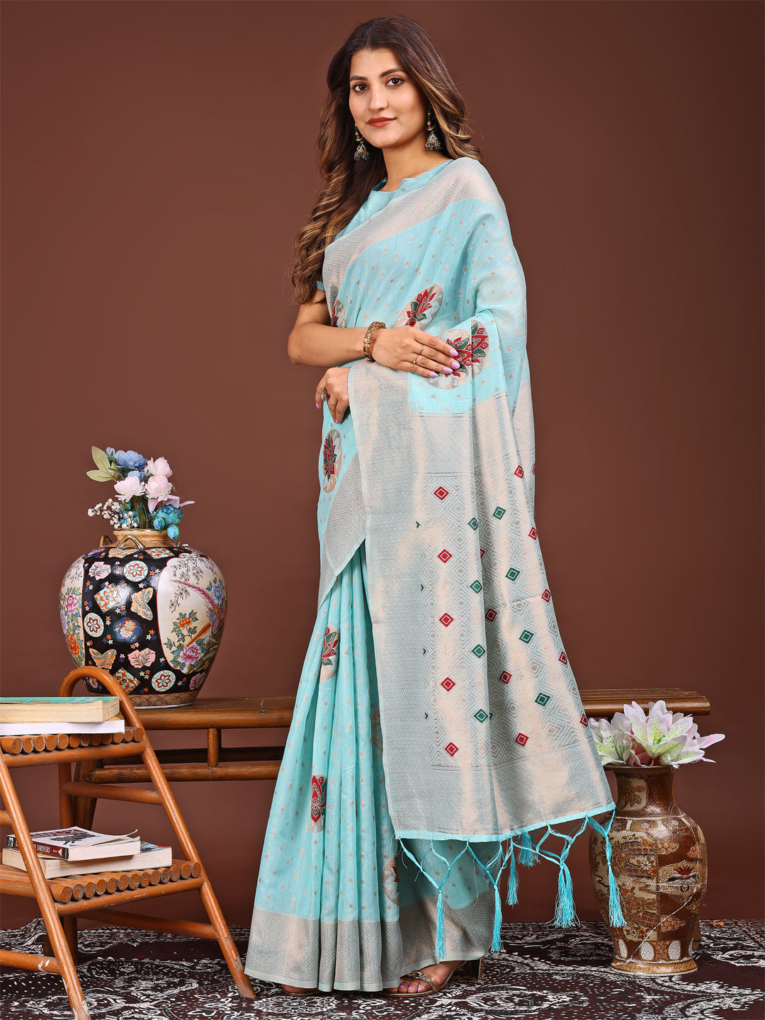 Sky Blue Linen Cotton Saree