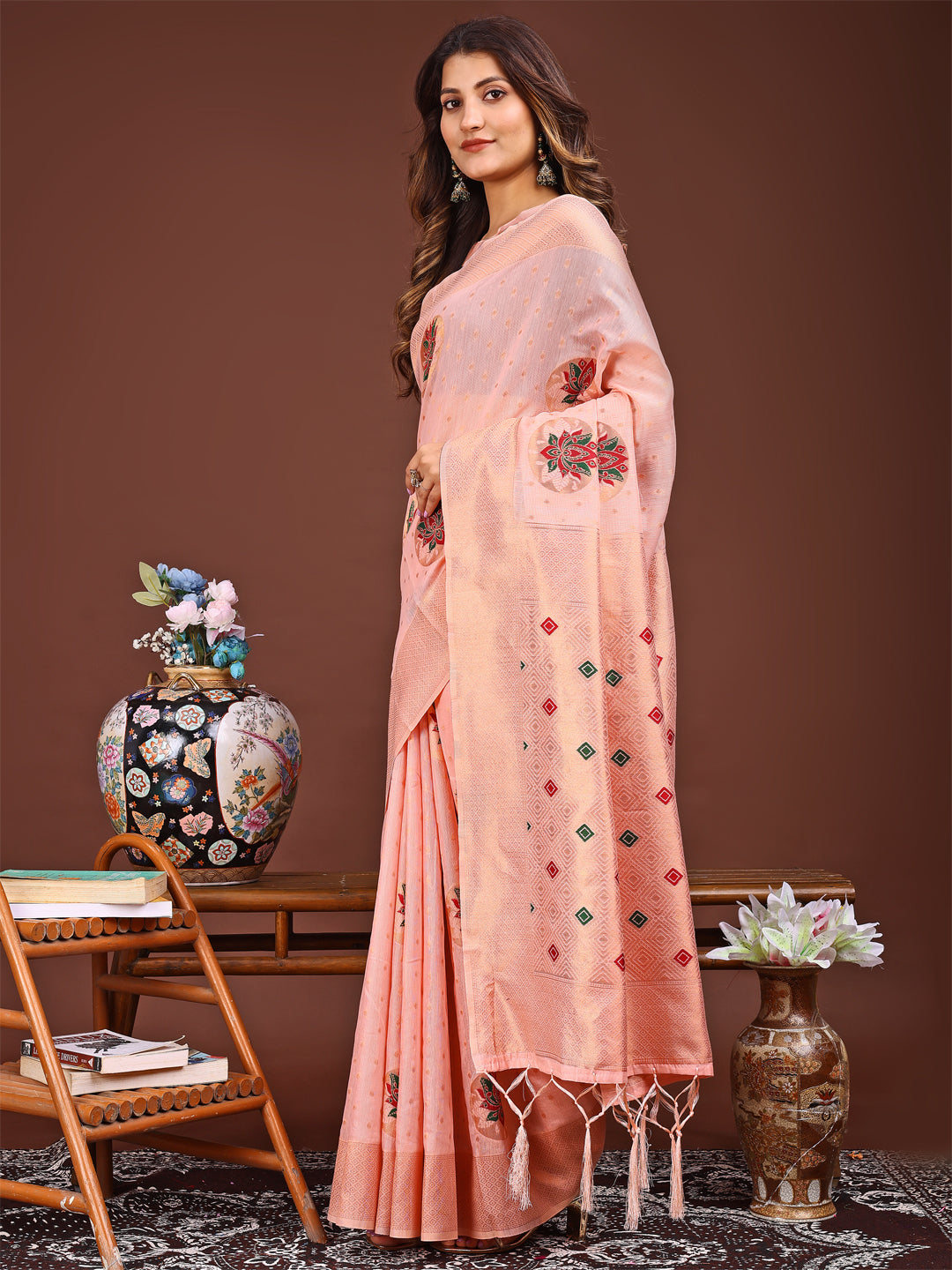 Pink Linen Cotton Saree