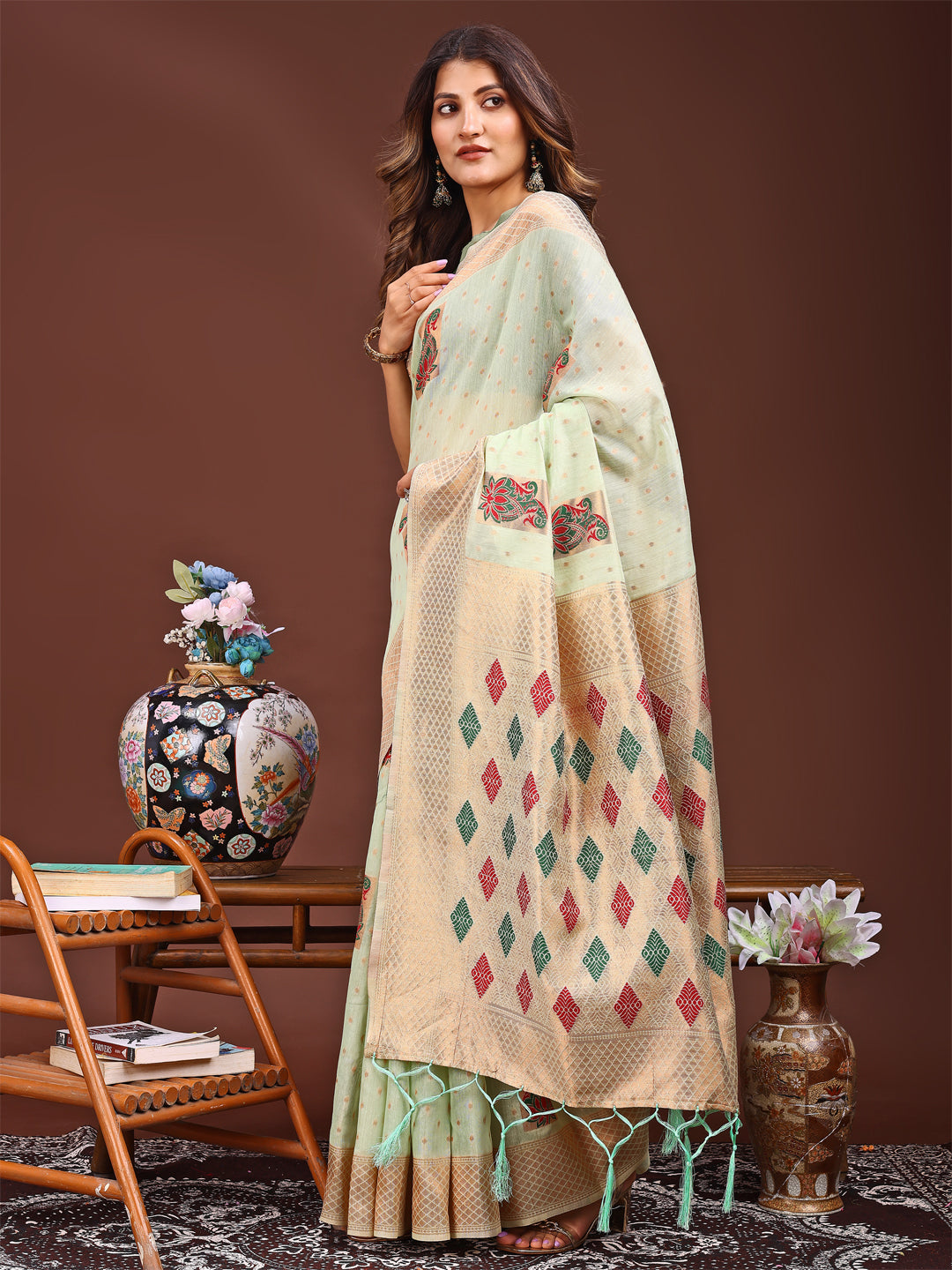 Light Green Linen Cotton Saree