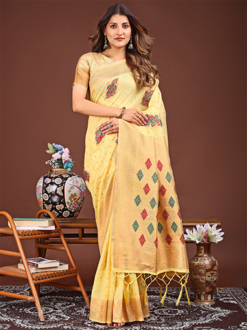 Yellow Linen Cotton Saree