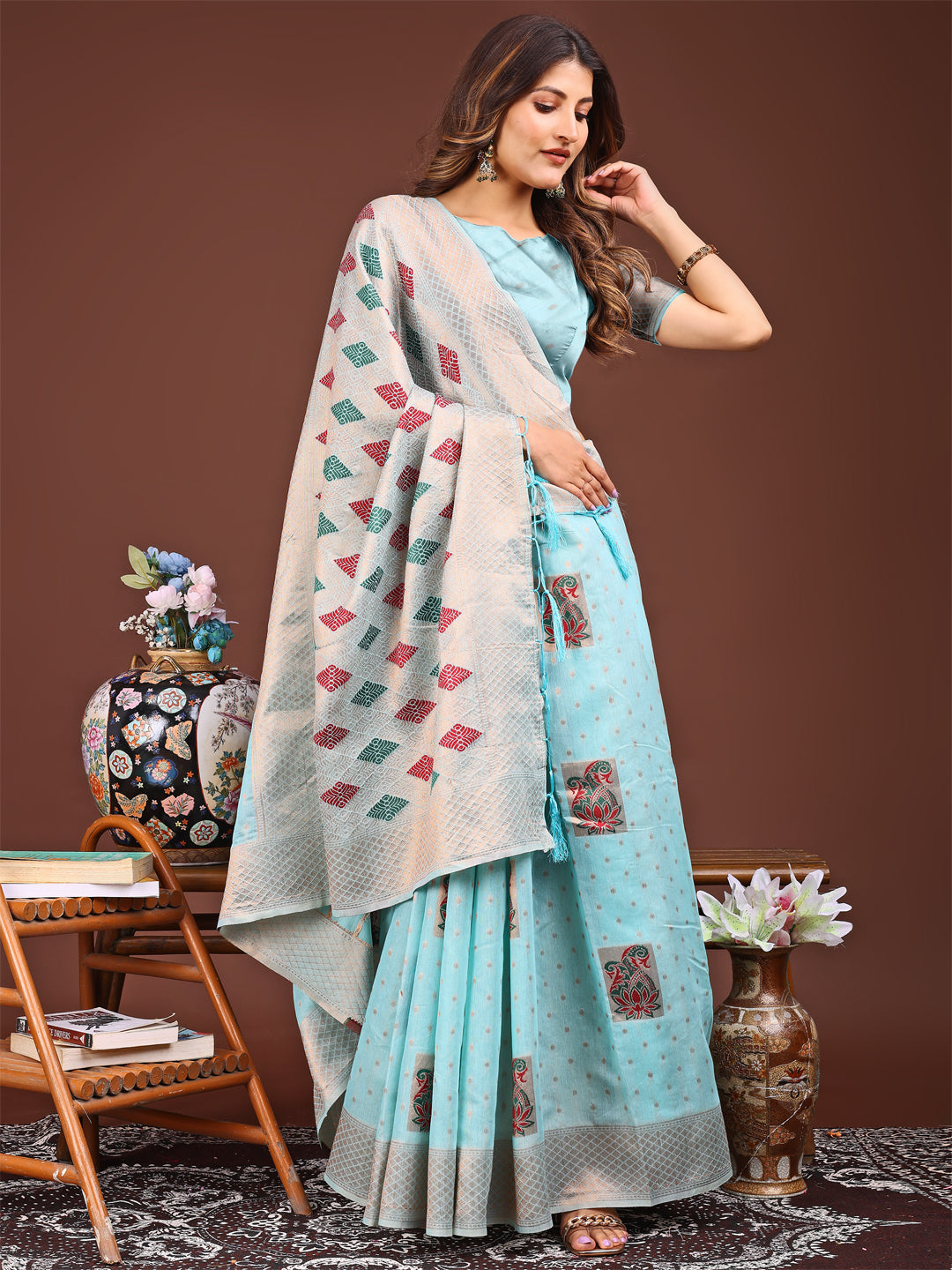 Sky Blue Linen Cotton Saree