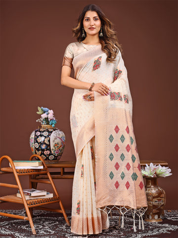 White Linen Cotton Saree