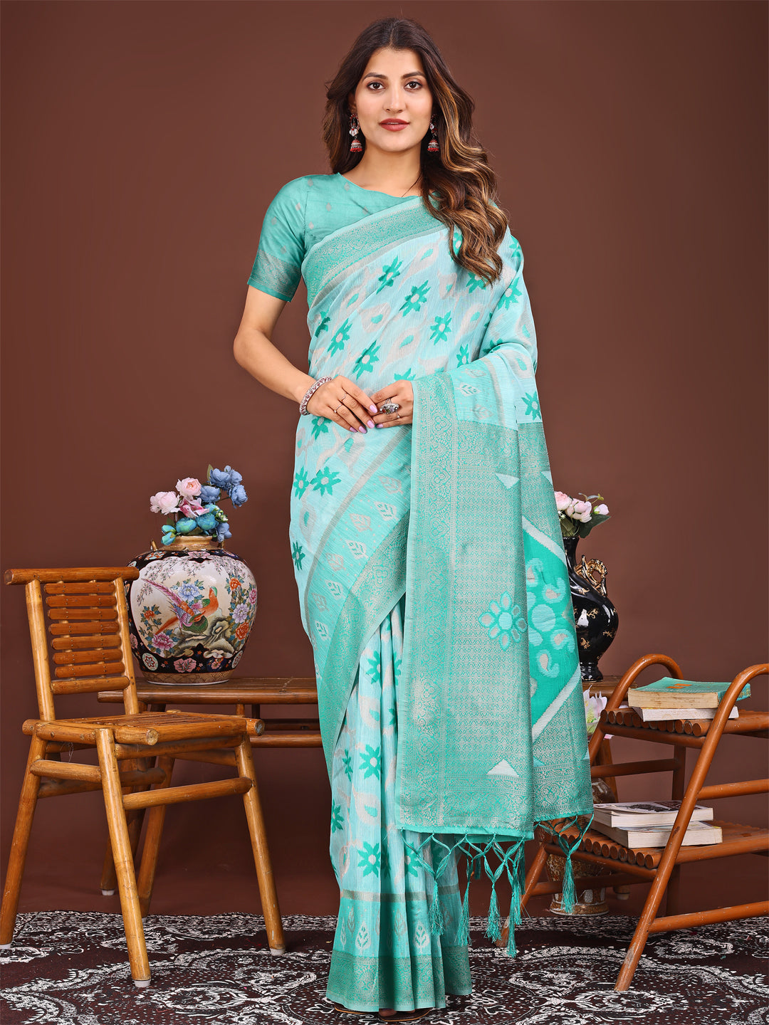 Sea Green Linen Cotton Saree