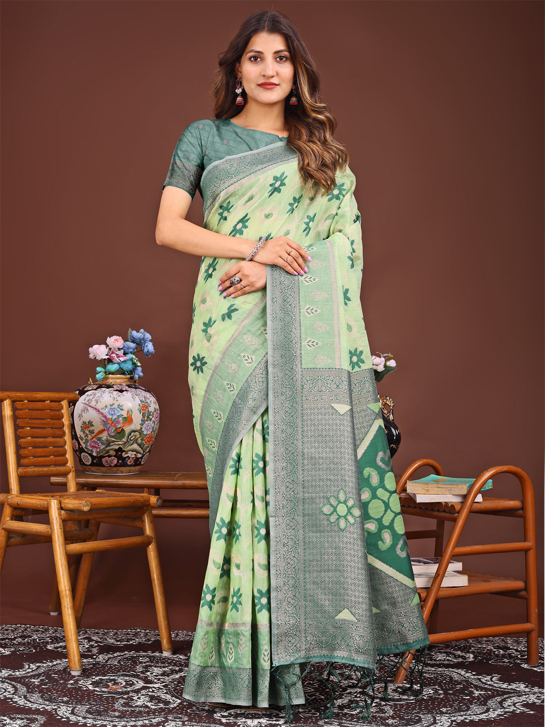 Light Green Linen Cotton Saree