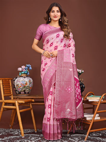 Pink Linen Cotton Saree
