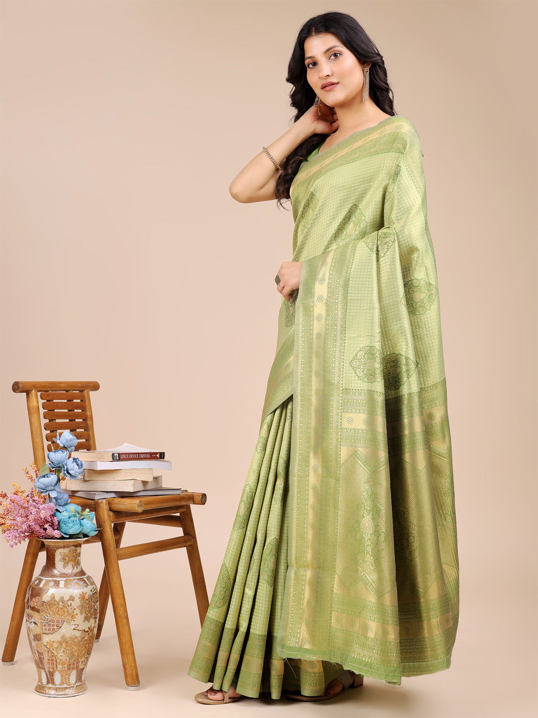 Lime Green Banarasi Silk Saree