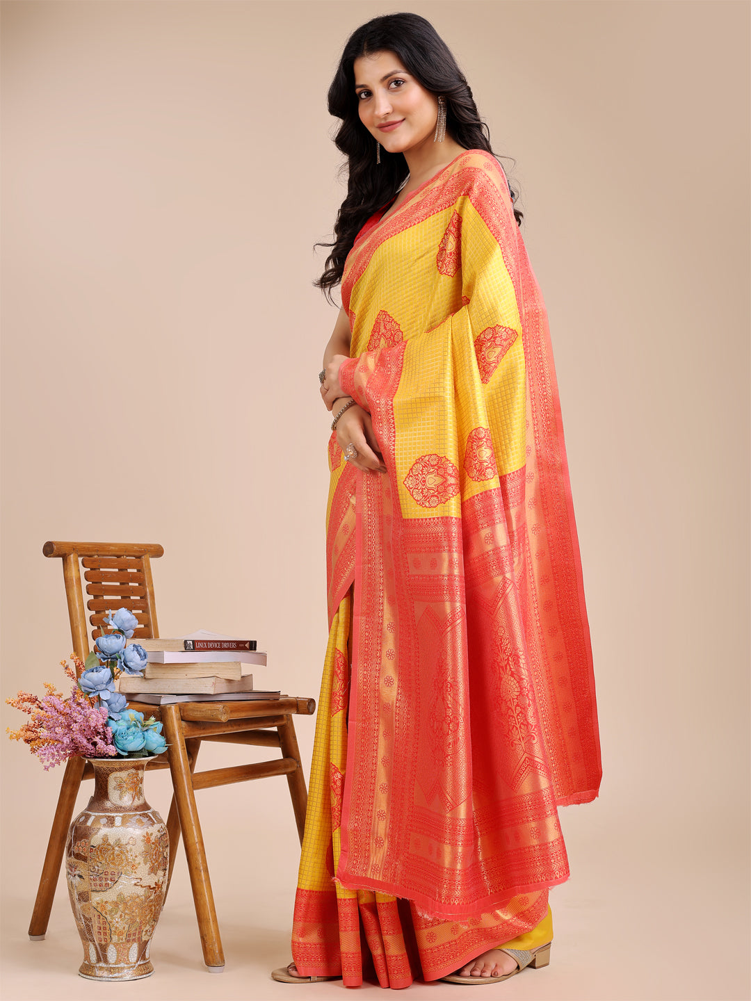 Yellow & Red Banarasi Silk Saree