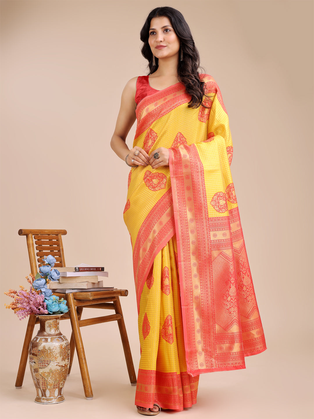 Yellow & Red Banarasi Silk Saree
