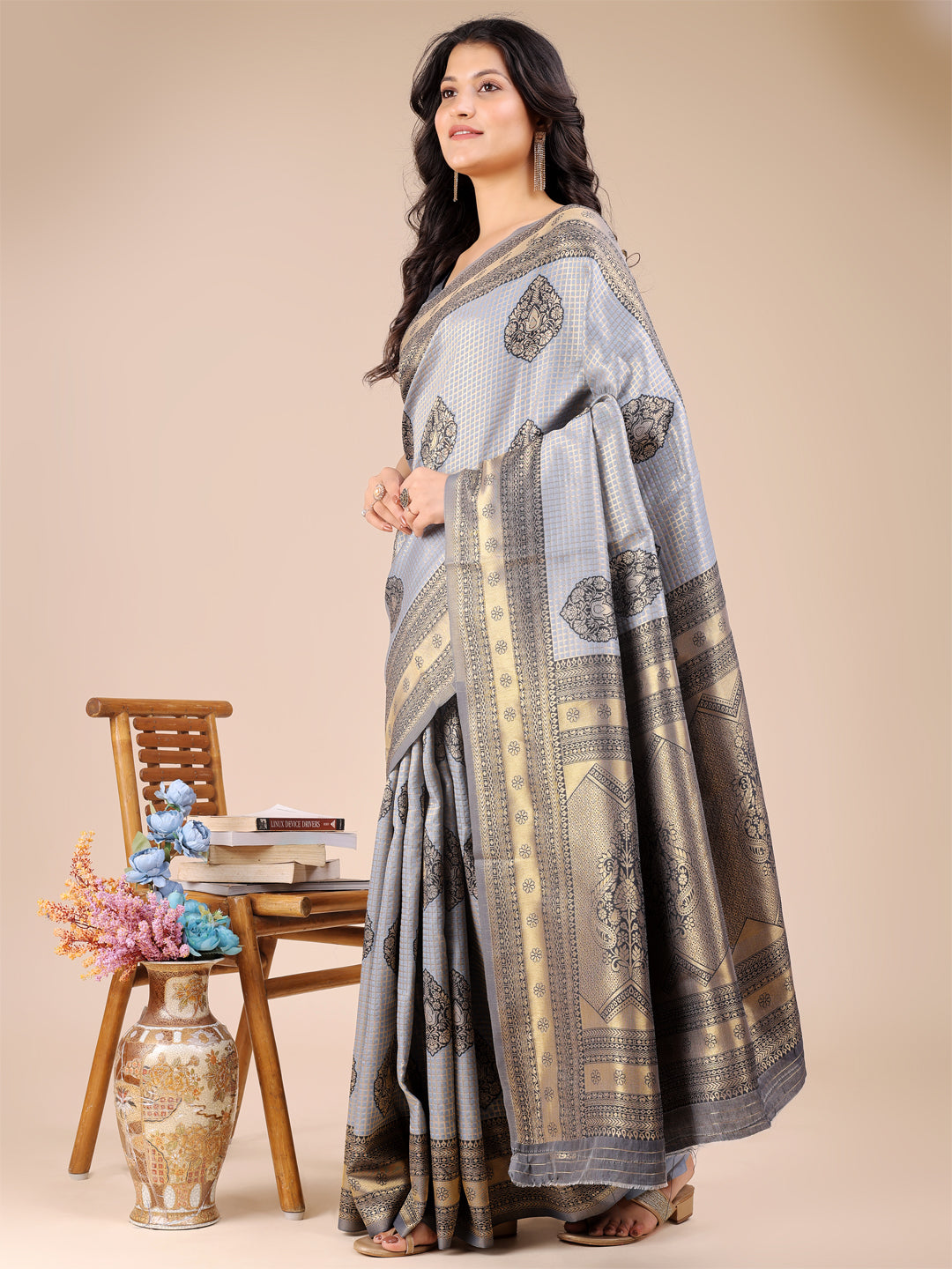 Gray Banarasi Silk Saree