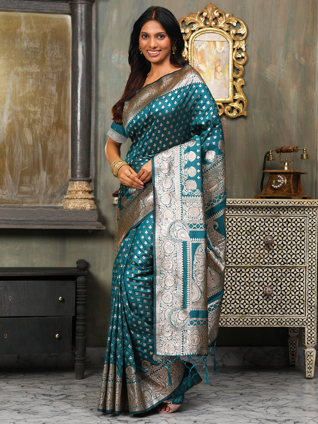 Teal Green Printed Banarasi Silk Saree