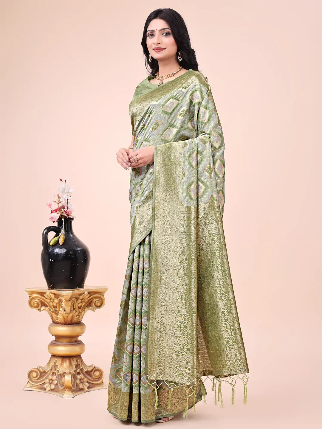Olive Green Cotton Saree