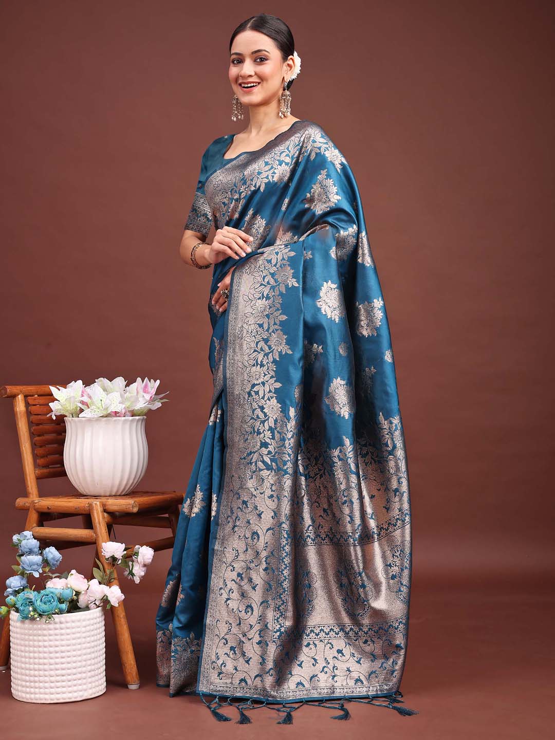 Teal Blue Banarasi Silk Saree