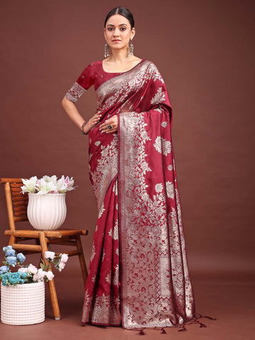 Marron Printed Banarasi Silk Saree